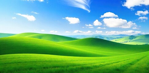 Obraz premium A serene landscape featuring rolling green hills under a vibrant blue sky, perfect for travel, nature, and environmental projects , foliage, travel