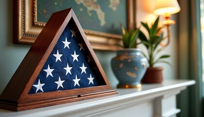 Folded Flag in Wooden Case: A folded American flag, a symbol of remembrance and honor, rests respectfully in a handcrafted wooden case, displayed on a mantelpiece.