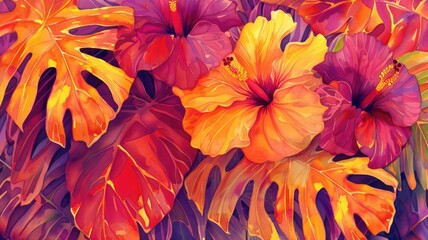 Tropical floral art with lush hibiscus and leaf pattern for elegant design