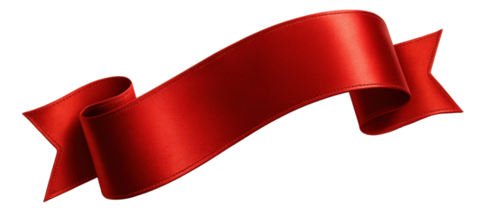 Vibrant red ribbon banner with a smooth satin texture and elegant folds on transparent background.