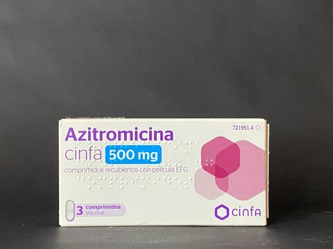 Palmanova, Spain - May 20, 2025: Azithromycin Cinfa 500 mg medication box displayed against a dark background, showcasing pharmaceutical branding and product details for healthcare use