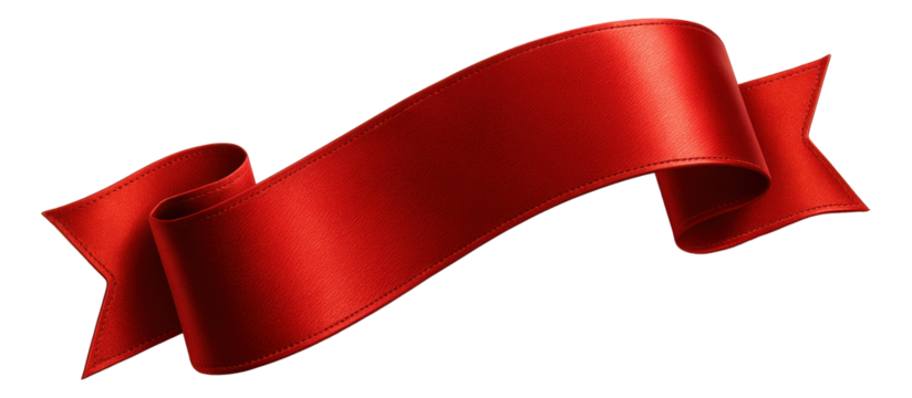 Vibrant red ribbon banner with a smooth satin texture and elegant folds on transparent background.