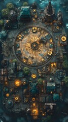 Circular, fantasy town nestled within a dark, swirling landscape, illuminated by warm lights from buildings and streets