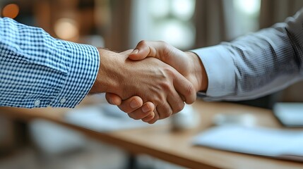 Close-up of two men shaking hands in a professional setting; a blurred background suggests an office environment
