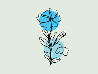 Abstract Line Art Flower with Blue Circles Minimalist Botanical Illustration