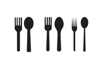 Fork and spoon icon set. Eatery symbol. Kitchen utensil vector illustration. Tableware serving sign. Crossed fork and spoon pictogram. Menu button.
