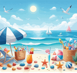 Bright and cheerful summer vacation vector design featuring tropical elements like palm trees, beach umbrellas, surfboards, sun hats, and waves. Ideal for travel posters, holiday promotions, and summe