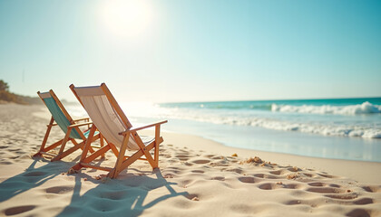 Sun loungers on a sandy beach on a sunny day