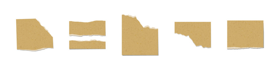 Set of torn pieces of cardboard brown sheet, Vintage kraft paper torn blank pages on black background, Vector illustration.
