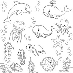 Coloring page with illustration cute happy sea animals for design element on white background. Dolphin, whale, octopus, jellyfish, stingray, starfish, seahorse, turtle, algae, water bulbs, puffer fish