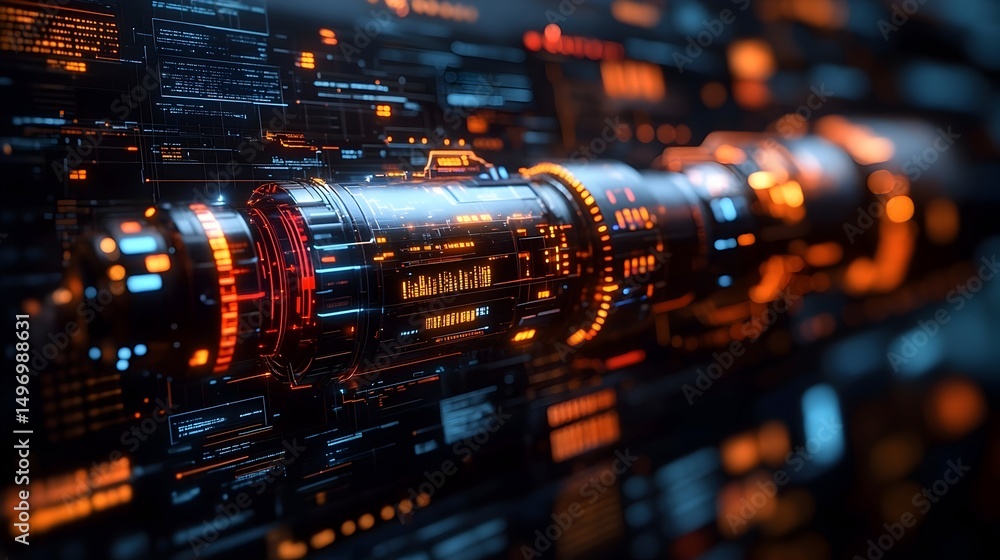 Poster futuristic cylindrical device, glowing orange and blue, displayed on a complex digital interface wit
