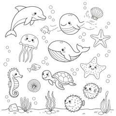 Coloring page with illustration cute happy sea animals for design element on white background. Dolphin, whale, octopus, jellyfish, stingray, starfish, seahorse, turtle, algae, water bulbs, puffer fish