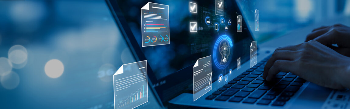 Ai Futuristic Document management concept, check electronic documents on digital documents on virtual screen Document Management System and process automation to efficiently document paperless operate - Powered by Adobe