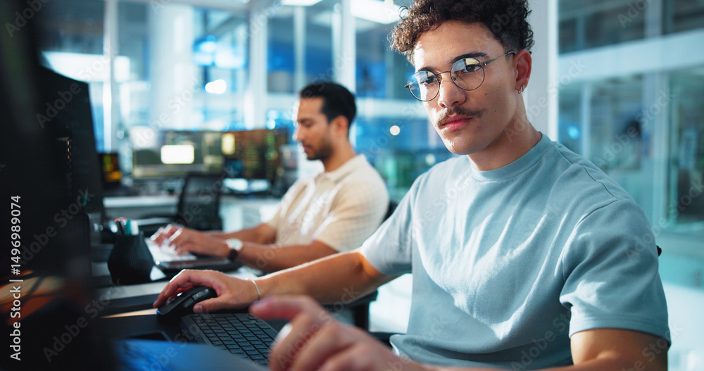 Poster Computer, programmer and glasses with man in office for game designer, coding app and ux update. Software development, research and level gameplay with employees at night for coworking project