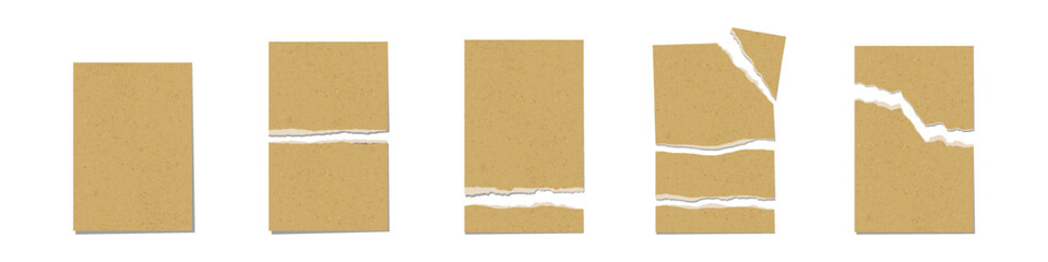 Set of torn pieces of cardboard brown sheet, Vintage kraft paper torn blank pages on black background, Vector illustration.