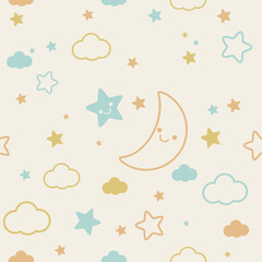 Baby stars and moon pastel color seamless pattern. Baby background, cute texture for newborn, kids bedding, fabric, wallpaper, wrapping paper, or textile. Cute style repeating pattern in beige neutral