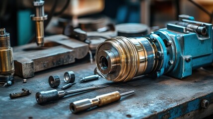 Precision Metalwork Tools on Workshop Bench with Machinery Equipment