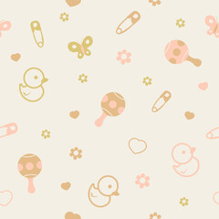 Cute style repeating pattern in beige neutral pastel colors. Baby seamless background, cute texture for newborn, kids bedding, fabric, wallpaper, wrapping paper, or textile. Vector illustration