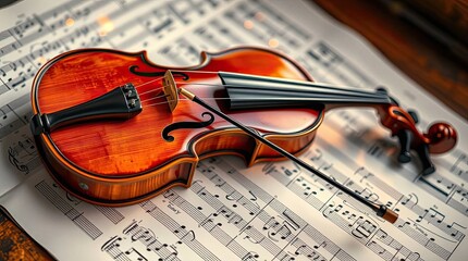 Fototapeta premium Violin resting on sheet music creates a beautiful musical composition scene