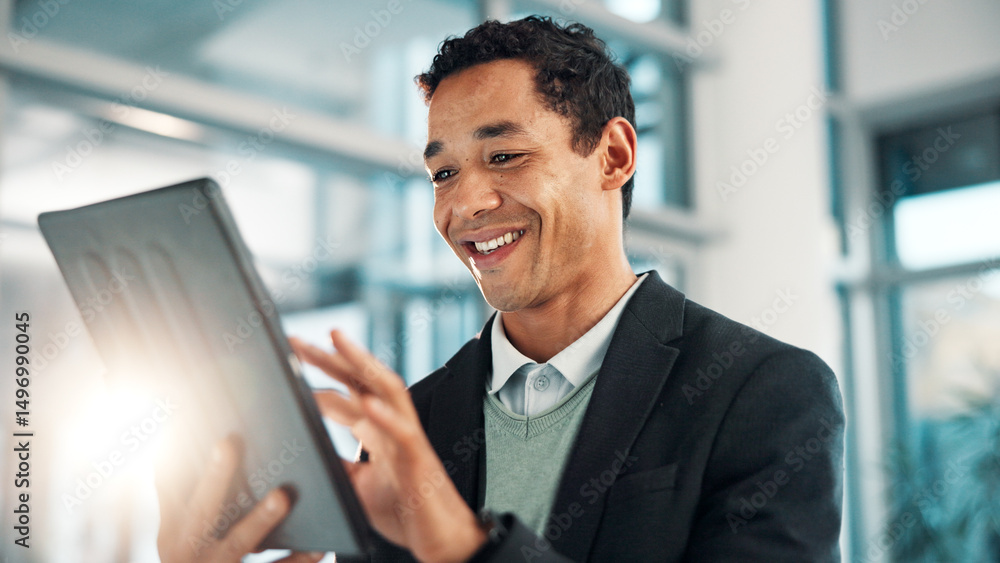 Poster happy, business man and tablet in office for reading email, scroll and insurance update for policy. 