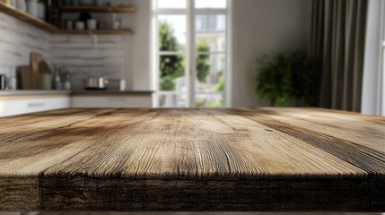 Kitchen wooden table top with blurred scandinavian interior