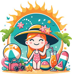 Bright and cheerful summer vacation vector design featuring tropical elements like palm trees, beach umbrellas, surfboards, sun hats, and waves. Ideal for travel posters, holiday promotions, and summe