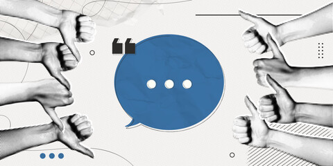Trendy Halftone Collage Speech bubble messages and Hands with like and dislike gestures. Social media communication and discussion. Online feedback. Contemporary vector illustration art