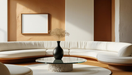 Mockup poster frame on textured terracotta wall in elegant modern living room with curved white sofa and glass coffee table