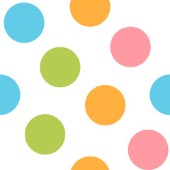 Seamless pattern with watercolor circles in blue, pink, green, and orange tones. Soft and colorful abstract background, perfect for kids’ designs, textiles, and wrapping paper.