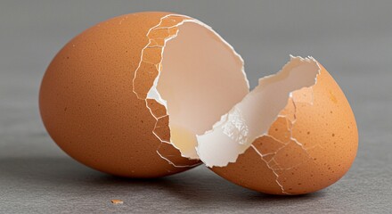 Brown cracked eggshell on a gray textured surface, showing the inside membrane and a small piece of shell nearby, food ingredient concept.