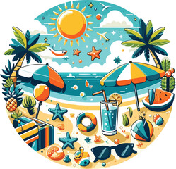Bright and cheerful summer vacation vector design featuring tropical elements like palm trees, beach umbrellas, surfboards, sun hats, and waves. Ideal for travel posters, holiday promotions, and summe