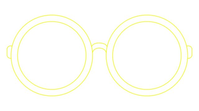 Animated yellow linear symbol of glasses is drawn. Linear icon of eyeglasses. Looped video. Concept of ophthalmologist. Vector illustration on white background.