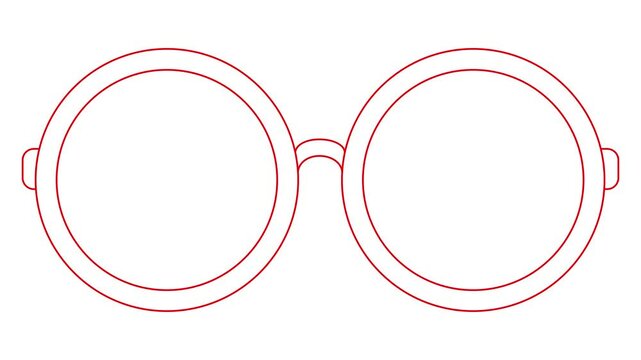 Animated red linear symbol of glasses is drawn. Linear icon of eyeglasses. Looped video. Concept of ophthalmologist. Vector illustration on white background.
