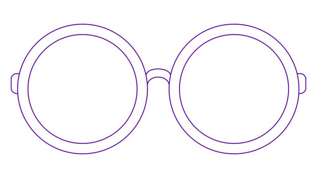 Animated violet linear symbol of glasses is drawn. Linear icon of eyeglasses. Looped video. Concept of ophthalmologist. Vector illustration on white background.