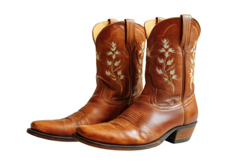 [Transparent Background PNG]Pair of Brown Leather Cowboy Boots with Embroidered Design