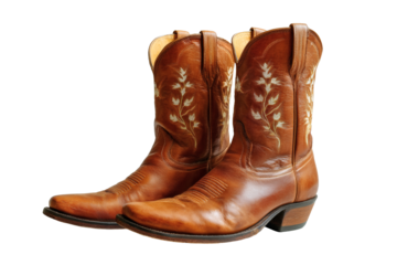[Transparent Background PNG]Pair of Brown Leather Cowboy Boots with Embroidered Design