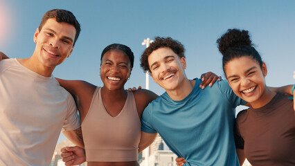 Happy people, portrait and fitness with team in city for workout, exercise or health and wellness....