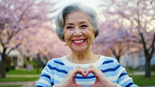 An elderly smiling Asian woman with a short haircut, in a striped sweater, makes a heart symbol with her hands against the background of a blooming spring garden with sakura. A grandmother in a stripe