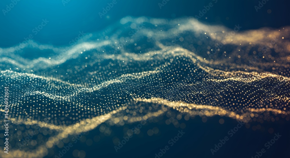 Poster abstract digital waveform golden particles flowing on deep blue background - high-resolution stock p