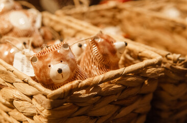 Sale of handmade ceramic Christmas tree toys at the Christmas Fair. Black Friday for the winter...