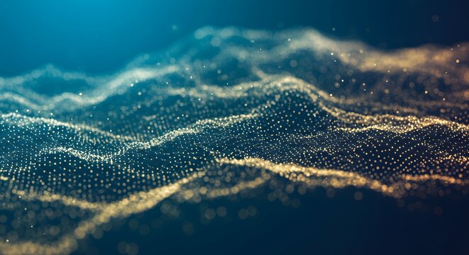Abstract Digital Waveform Golden Particles Flowing on Deep Blue Background - High-Resolution Stock Photo