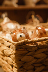 Sale of handmade ceramic Christmas tree toys at the Christmas Fair. Black Friday for the winter holidays.