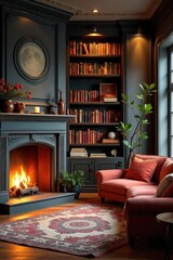 Cozy living room with a warm fireplace, comfy sofa, and bookshelves overflowing with novels, creating a relaxing and inviting atmosphere perfect for unwinding at home ,  furniture,  family