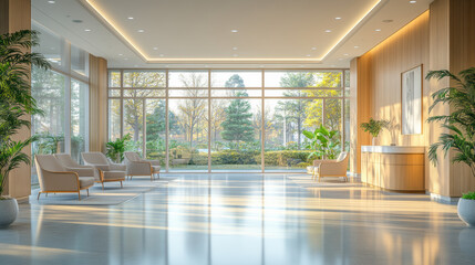 Obraz premium Background of empty hospital corridor,Empty long corridor in modern office building,Hospital hallway, reception clinic,Unfocused background.