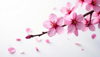 Obraz premium Vibrant sakura branch, scattered petals, white background , pattern, beautiful