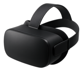Sleek black virtual reality headset with an adjustable leather strap on transparent background.