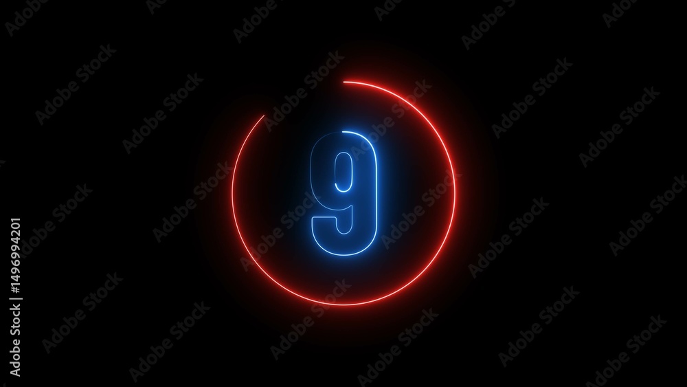 Poster neon countdown number 9. nine number text background illustration.
