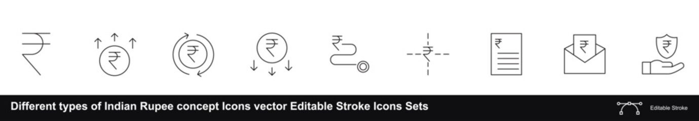 Different types of Indian Rupee concept Icons vector Editable Stroke Icons Sets