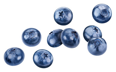 Fresh blueberries in air on white background. Blueberries clipping path