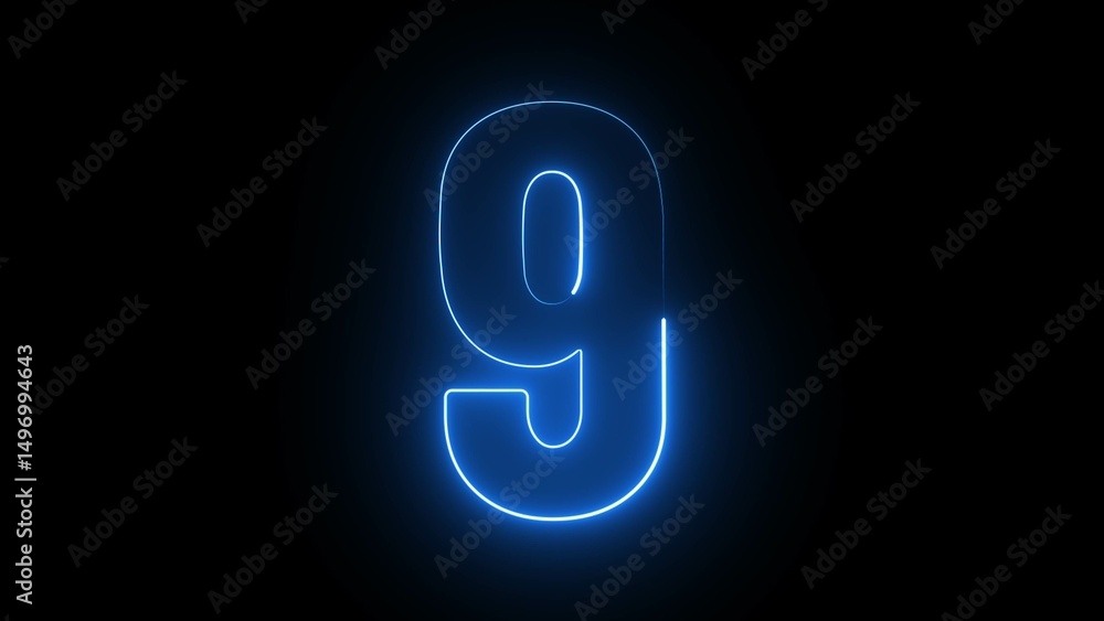 Poster neon countdown number 9. nine number text background illustration.